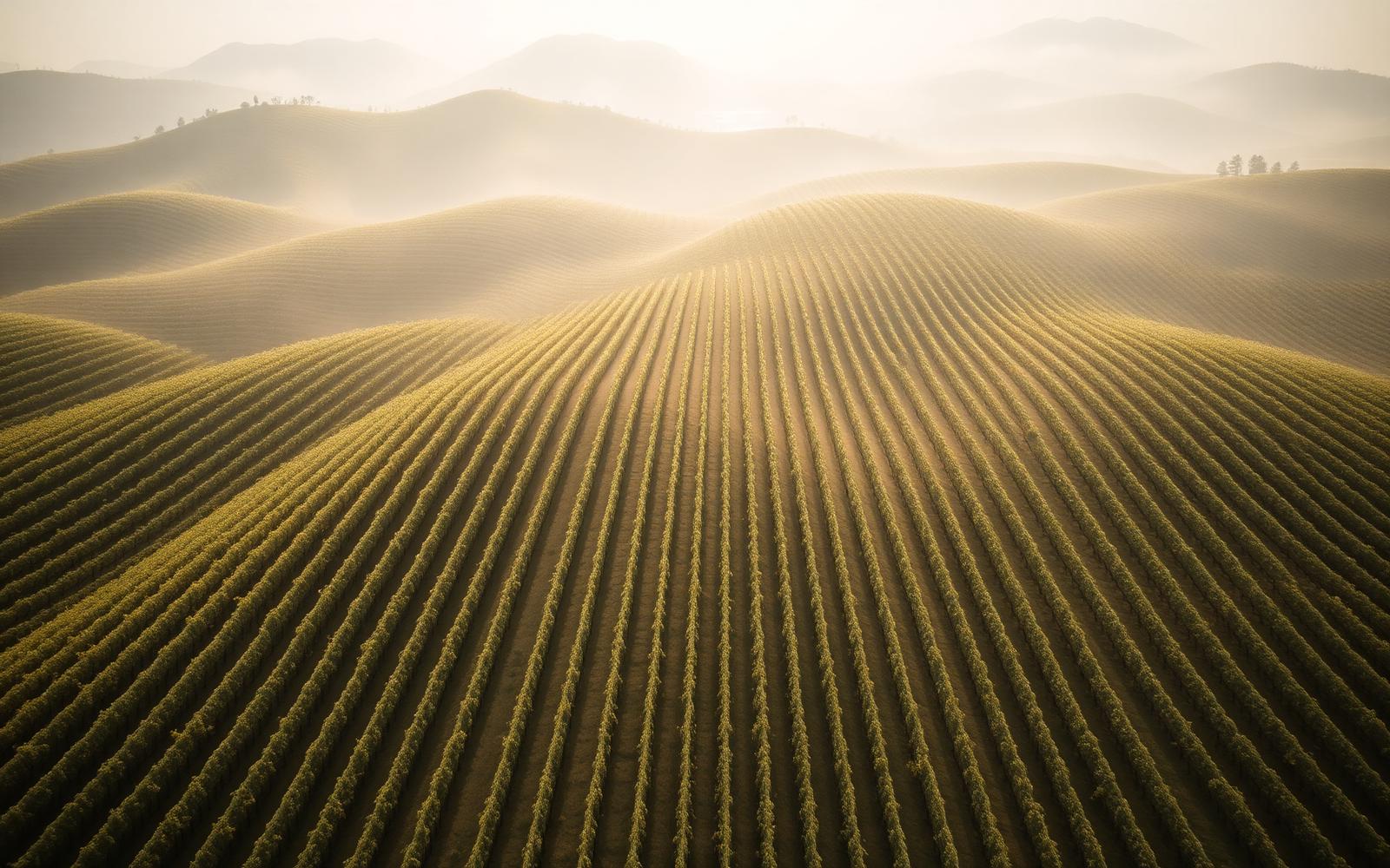 Misty vineyard at dawn